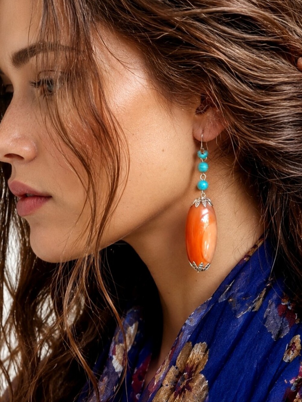 Long Chunky Earrings Designer Statement Bohemian Blue Turquoise Stone